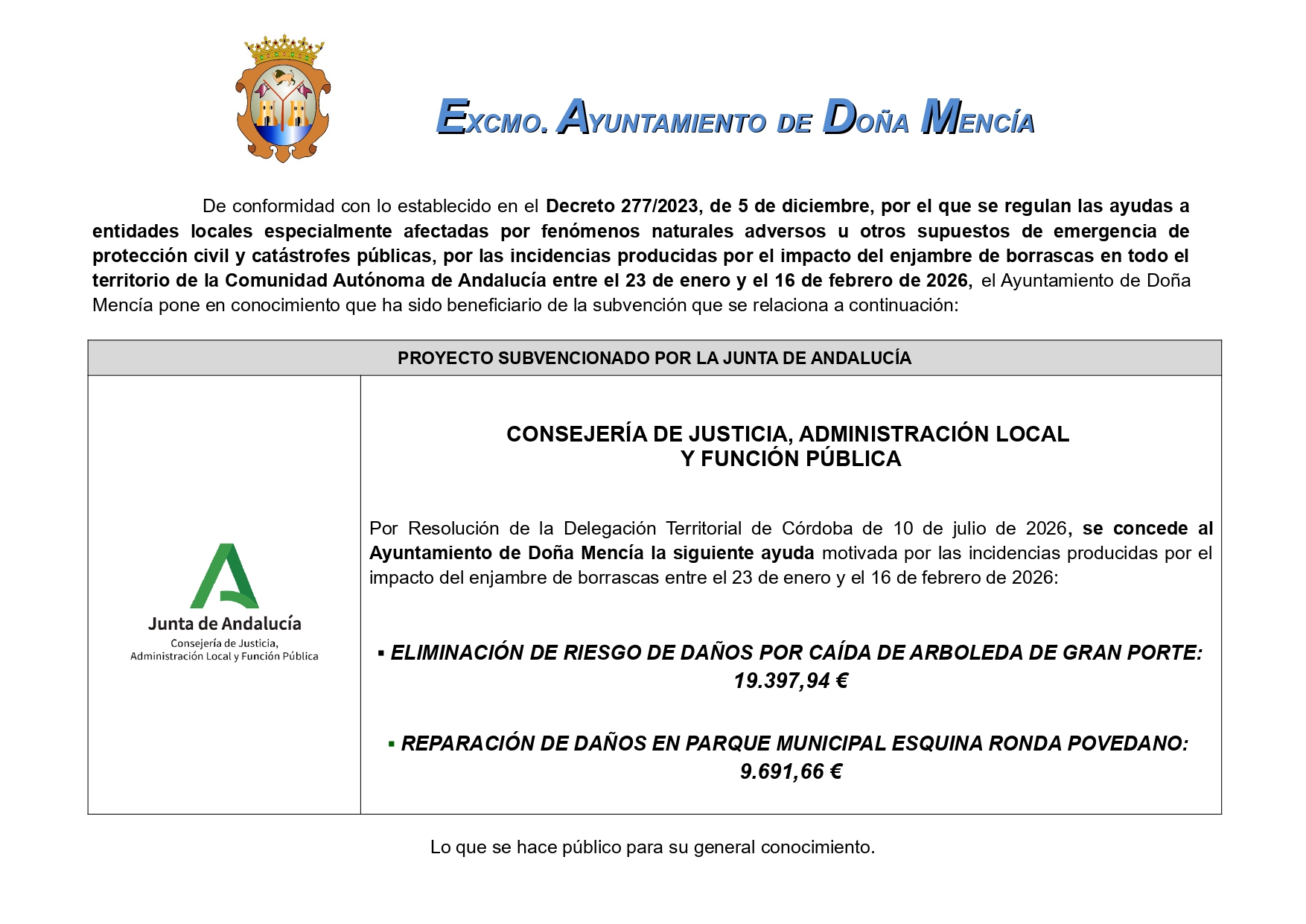 Ayuda al Ayuntamiento de Doña Mencía